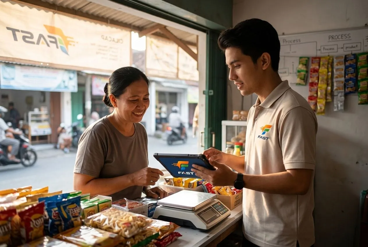 Petugas FAST menunjukkan aplikasi di tablet kepada pemilik warung, di konter warungnya sendiri.